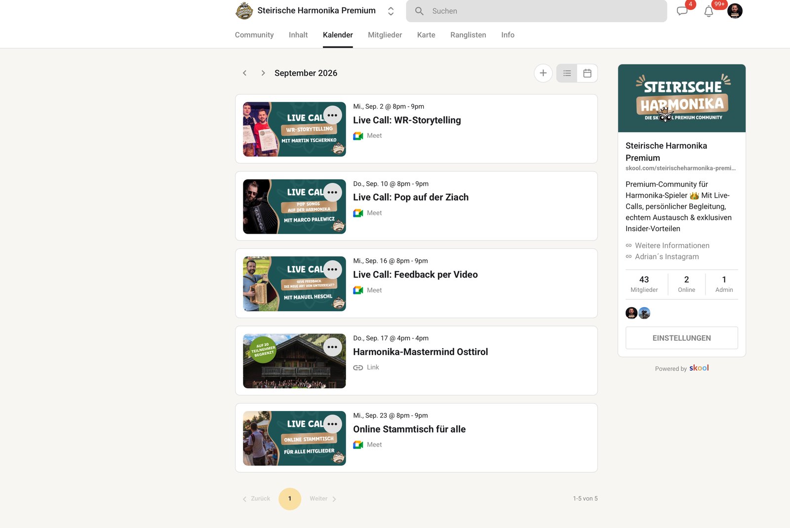 Der Kalender mit den kommenden Live-Calls